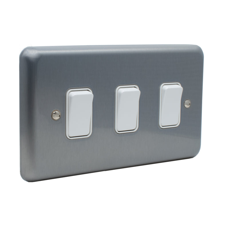 MK Albany Plus 10A Three Gang 2 Way Grid Switch in Brushed Chrome Finish