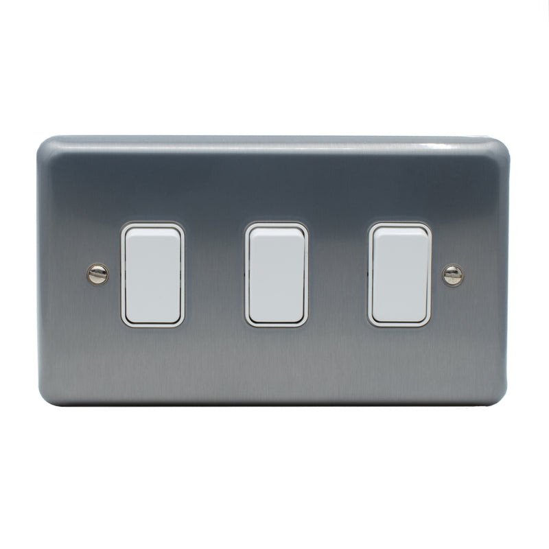 MK Albany Plus 20A Three Gang 2 Way Grid Switch in Brushed Chrome Finish