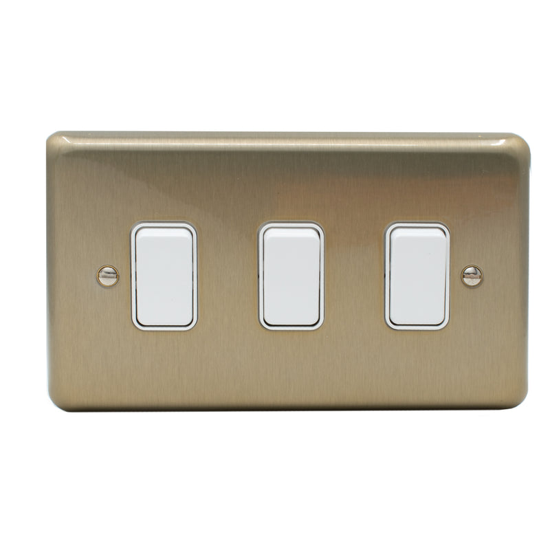 MK Albany Plus 20A Three Gang 2 Way Grid Switch in Satin Gold Finish