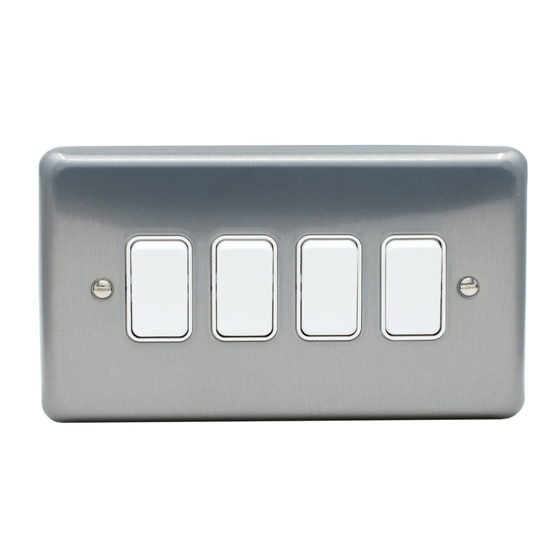 MK Albany Plus 10A Four Gang 1 Way Grid Switch in Brushed Chrome Finish