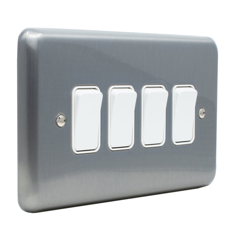 MK Albany Plus 20A Four Gang 1 Way Grid Switch in Brushed Chrome Finish