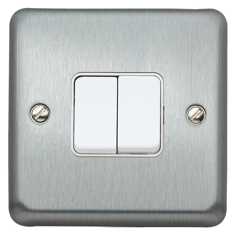 MK Albany Plus K4672BRC, 10A Two  gang 2 Way Plate Switch in Brushed Chrome Finish