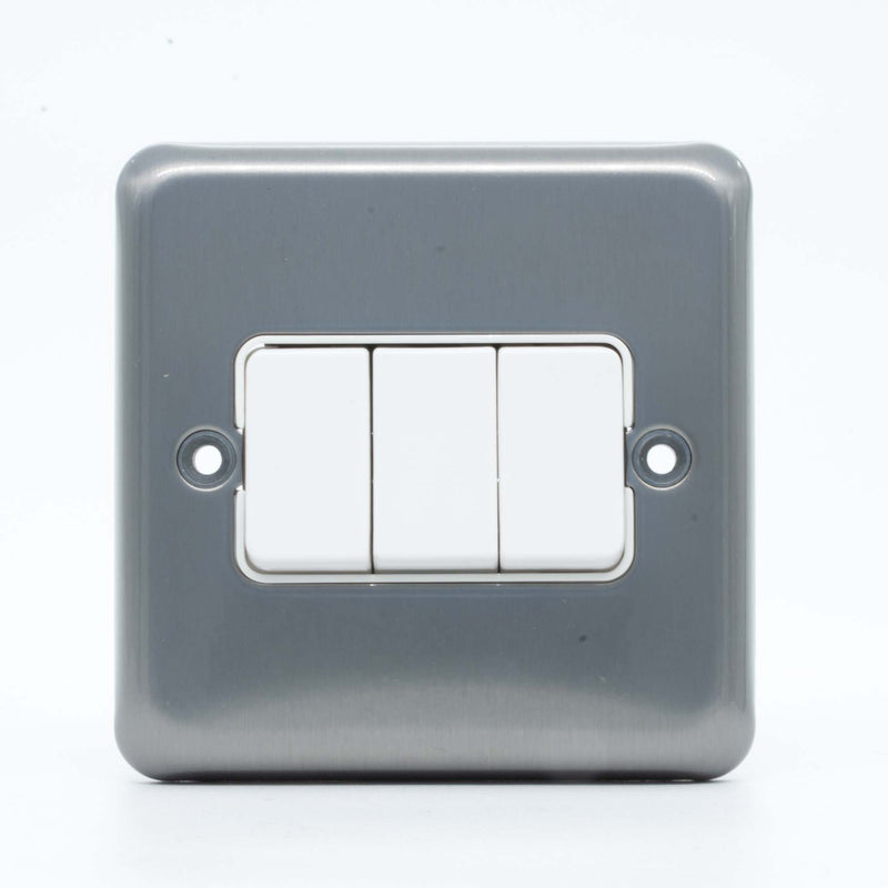 MK Albany Plus K4673BRC, 10A Three gang 2 Way Plate Switch in Brushed Chrome Finish