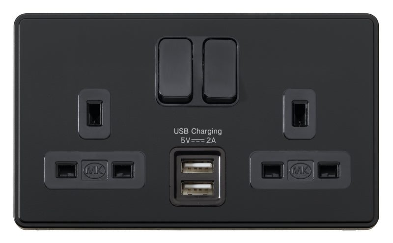 MK Dimensions KMH24344BLKC, 13A Twin Switch Socket Outlet with USB Outlet in Black Finish