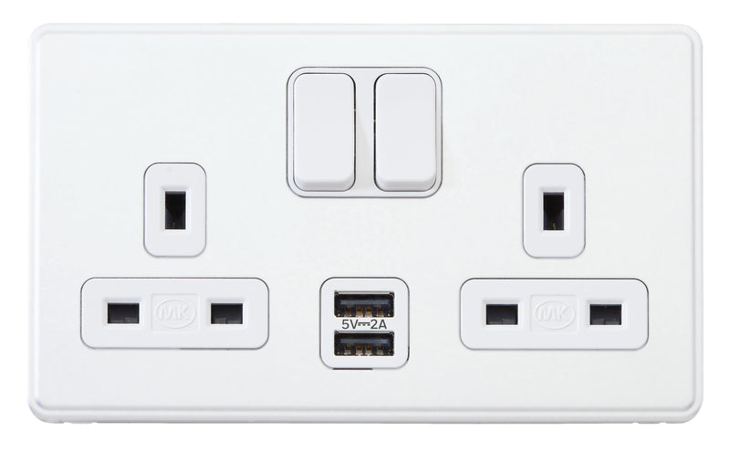 MK Dimensions KMH24344WHIC, 13A Twin Switch Socket Outlet with USB Outlet in White Finish