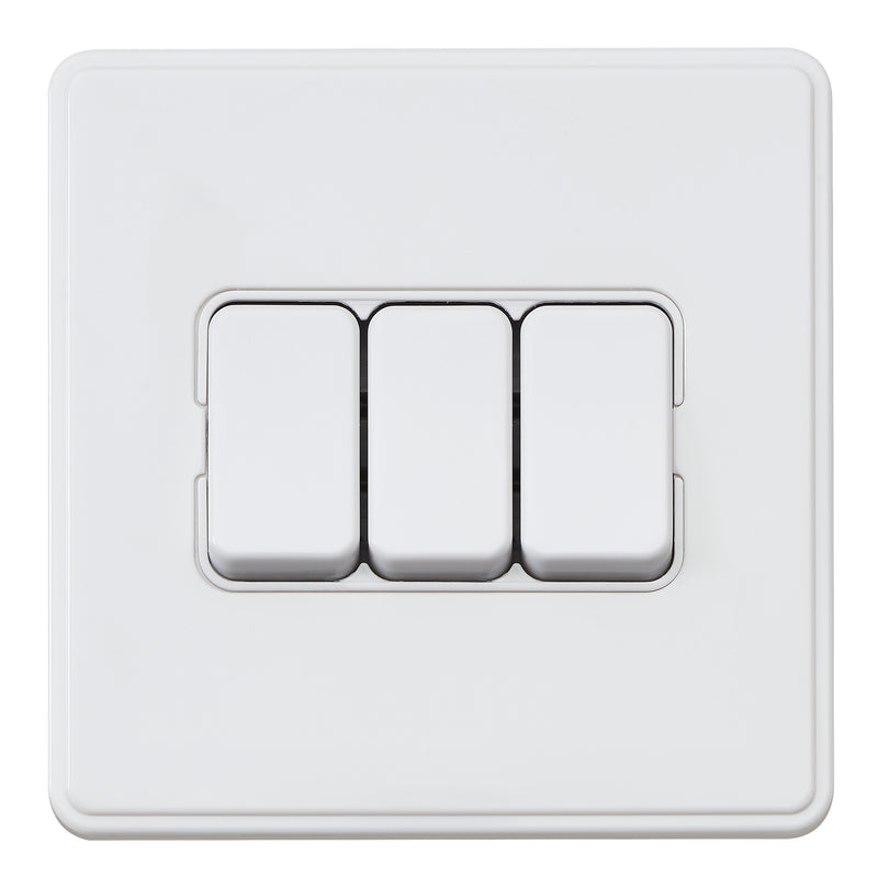 MK Dimensions KMH4373WHIC, 10A Three Gang 2 Way Plate Switch in White Finish